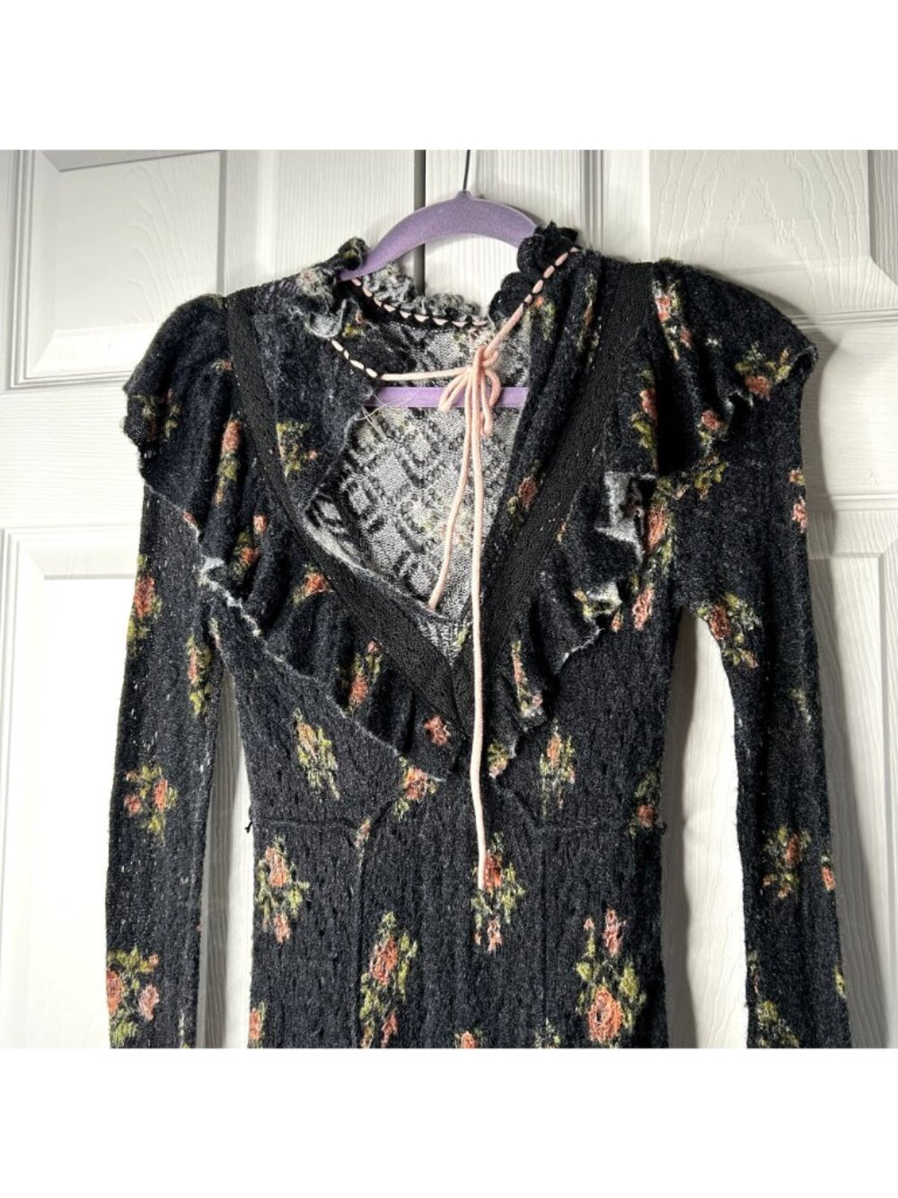 Free People Rose Petal Black Floral Knit Long Sleeve Dress Women's Size Small - Picture 9 of 11